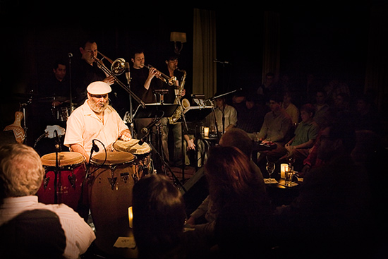 Poncho Sanchez at Sculler's Jazz Club, February 9, 2008. Photo by Joshua Bean.